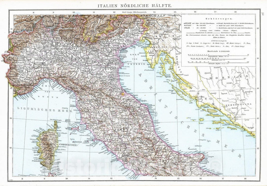 Historic Map : Italy, 1881 Italien nordliche Halfte. , Vintage Wall Art