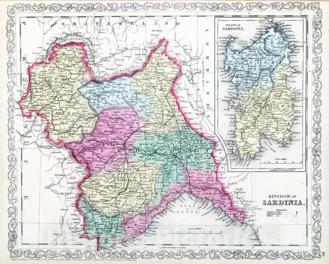 Historic Map : 1859 Kingdom of Sardinia - Vintage Wall Art