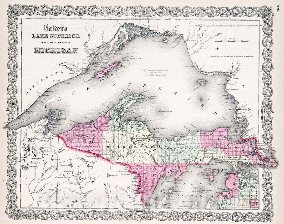 Historic Wall Map : 1865 Northern Michigan and Lake Superior. - Vintage Wall Art