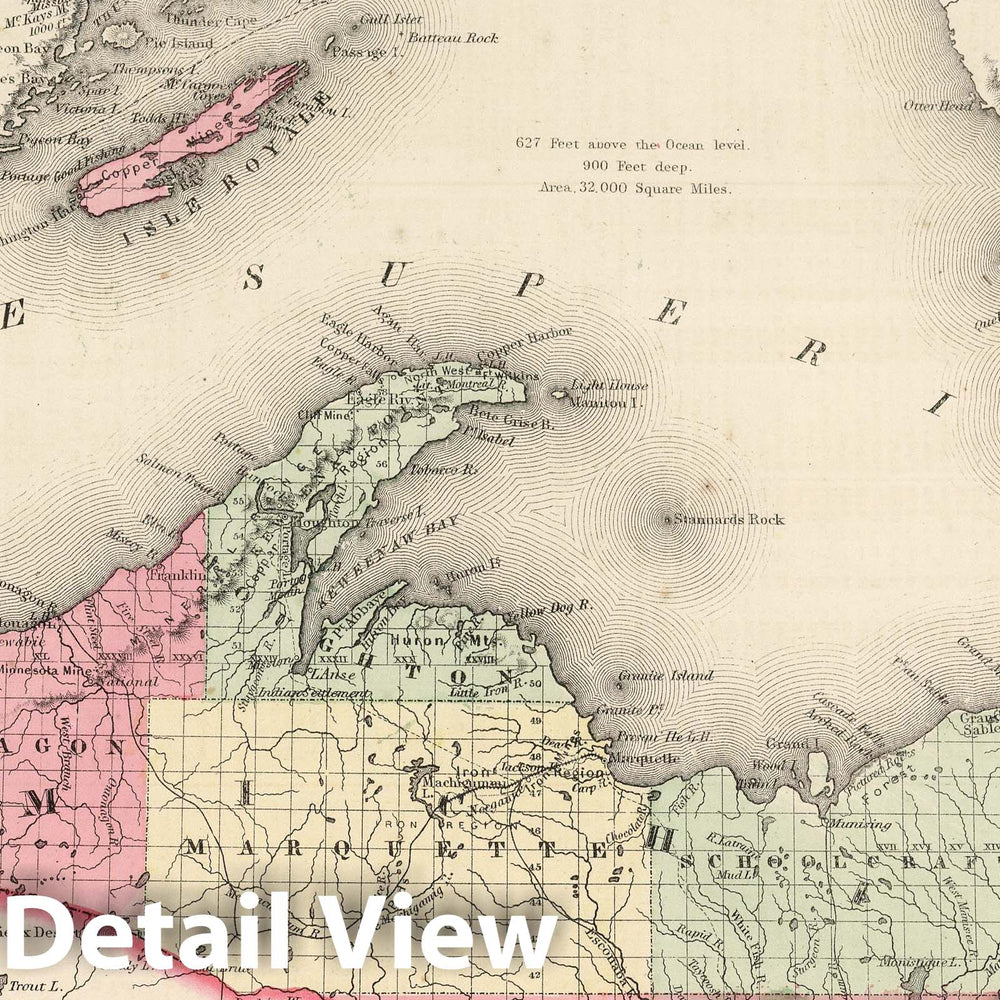 Historic Wall Map : 1865 Northern Michigan and Lake Superior. - Vintage Wall Art