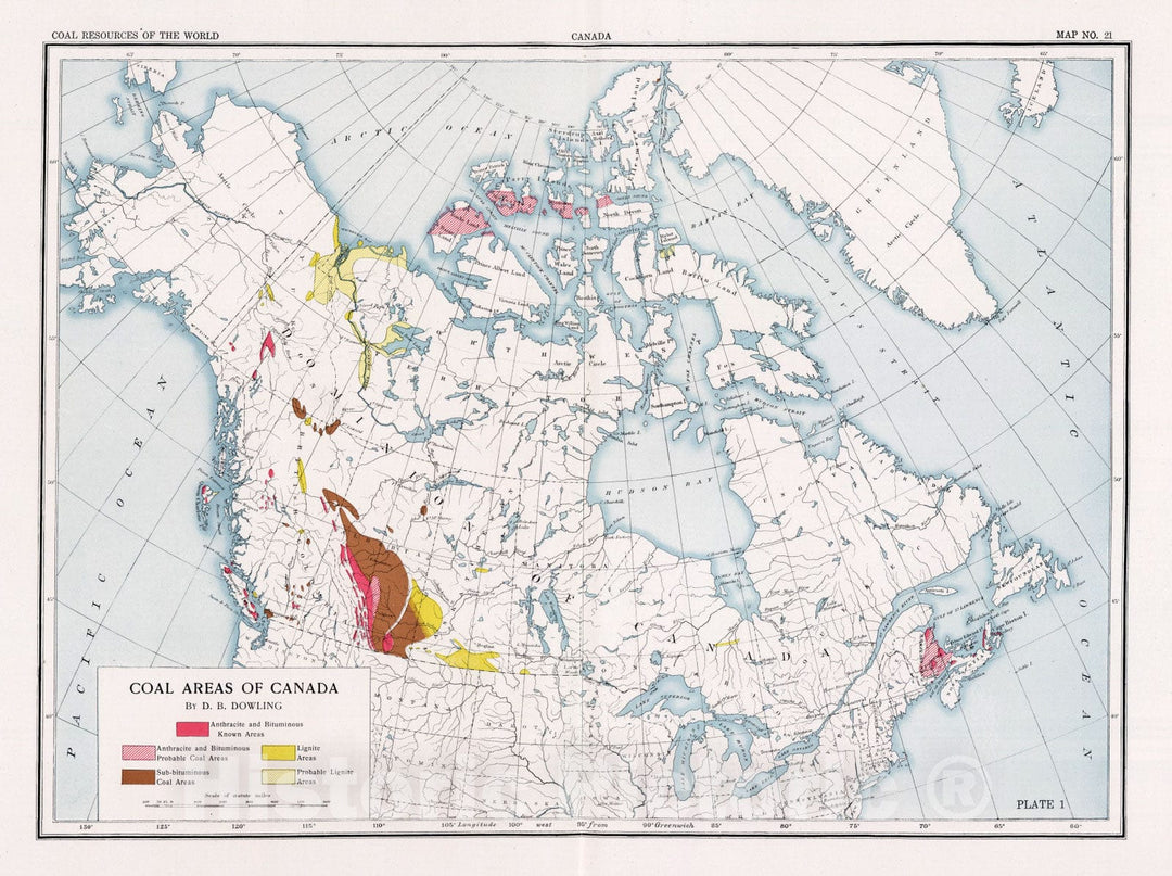 Historic Map : Geologic Atlas - 1913 Canada. Coal Resources of the World. - Vintage Wall Art