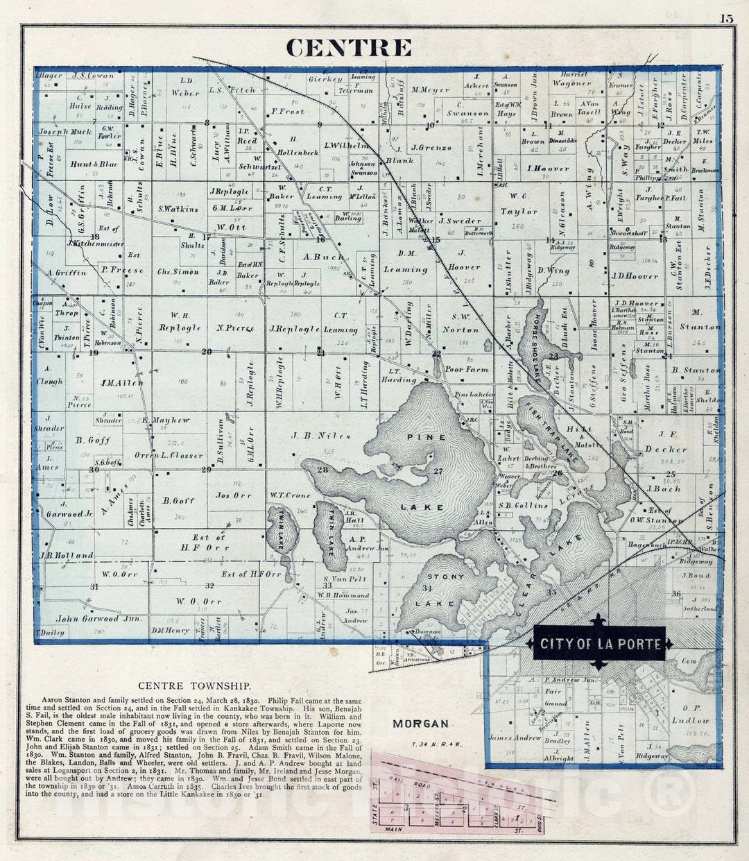 Historic Map : 1874 Centre Township, Laporte County, Indiana. Morgan. - Vintage Wall Art