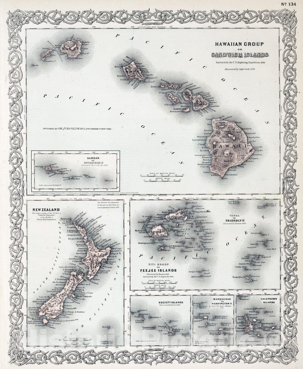 Historic Map - World Atlas - 1874 Hawaii, New Zealand, Fiji,Tonga, Samoa, French Polynesia, Marquesas, and Galapagos Islands - Vintage Wall Art