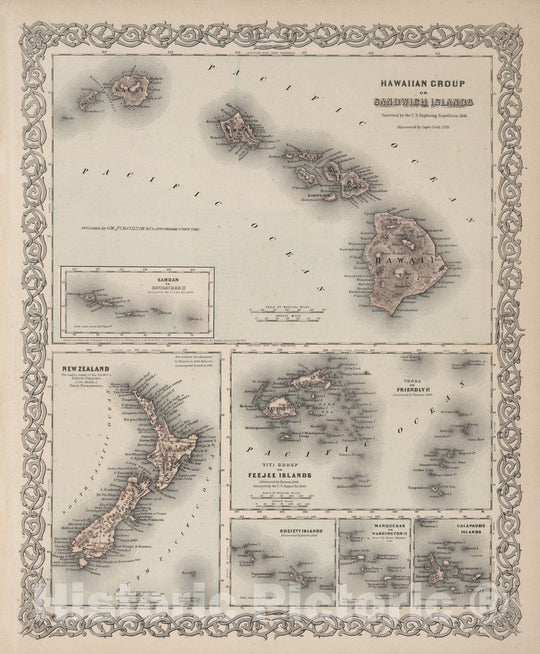 Historic Map - World Atlas - 1874 Hawaii, New Zealand, Fiji,Tonga, Samoa, French Polynesia, Marquesas, and Galapagos Islands - Vintage Wall Art