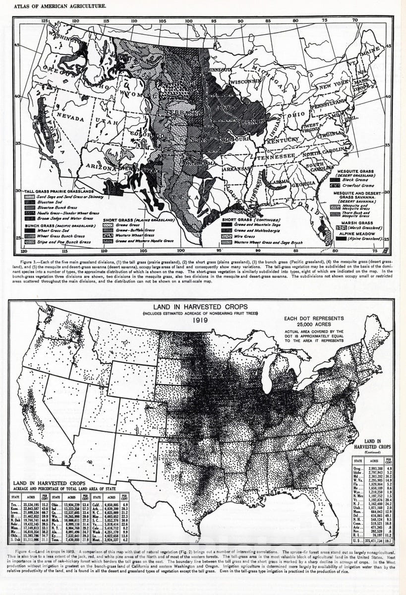 Historic Map : National Atlas - 1924 Grassland Divisions. Land in Crops, 1919. Atlas of American Agriculture. - Vintage Wall Art