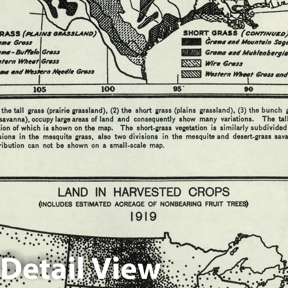 Historic Map : National Atlas - 1924 Grassland Divisions. Land in Crops, 1919. Atlas of American Agriculture. - Vintage Wall Art