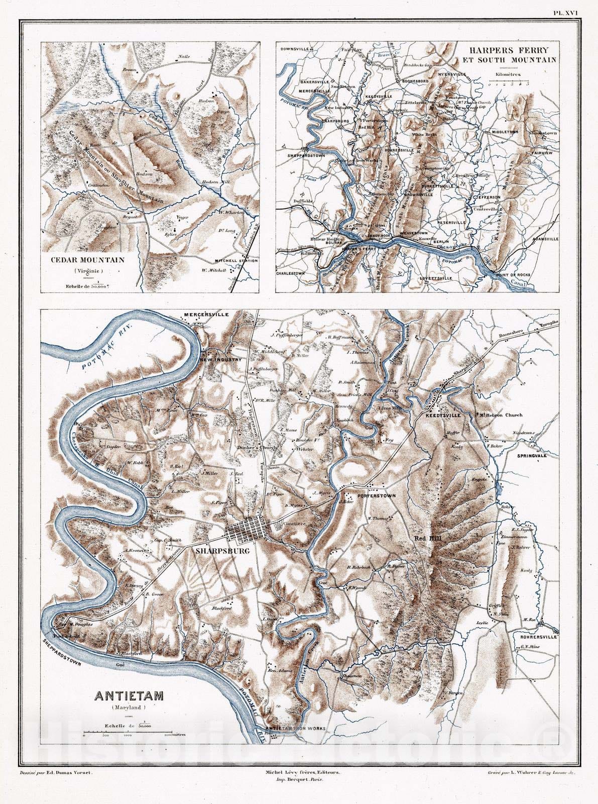 Historic Map : Military Atlas - 1875 Planche XVI. Antietam (Maryland). Cedar Mountain (Virginie). Harpers Ferry et South Mountain. - Vintage Wall Art