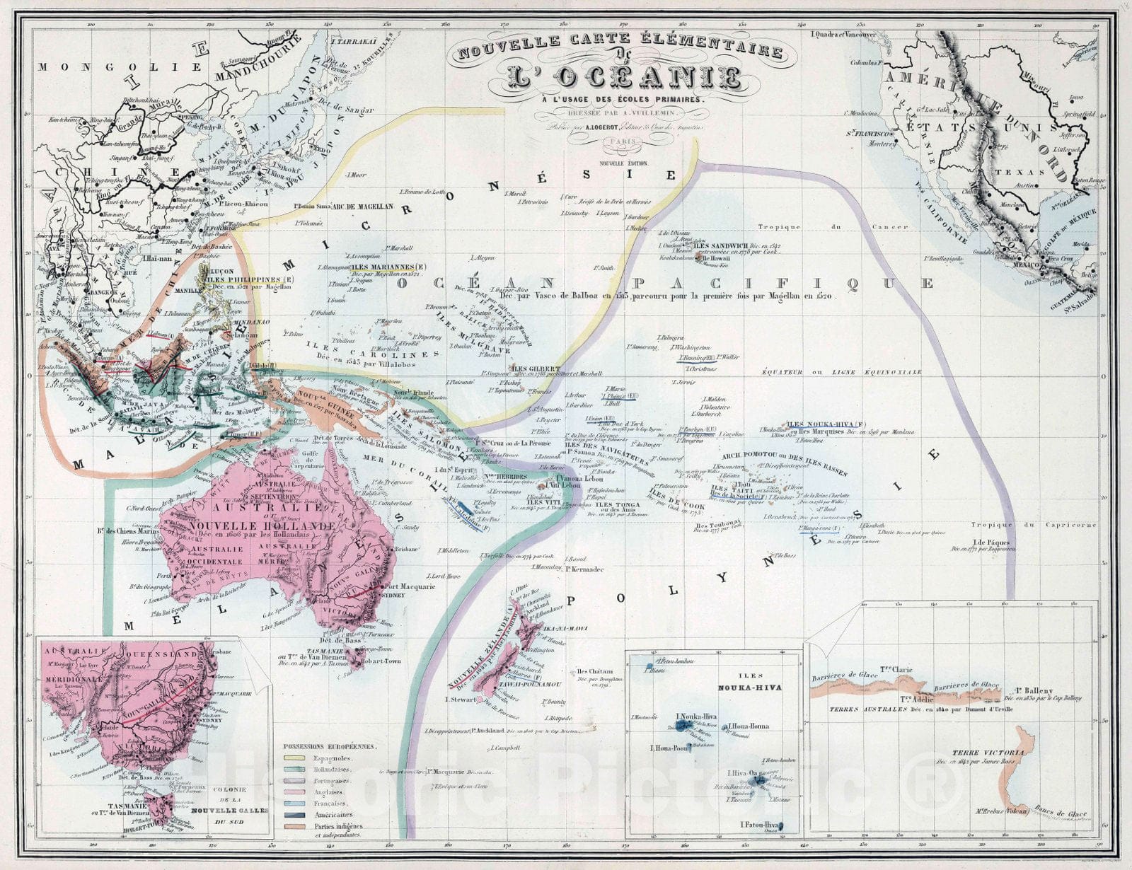 Historic Map : Oceanica, Pacific 1876 Nouvelle Carte Elementaire de L'Oceanie a l'Usage des Ecoles Primaires. , Vintage Wall Art