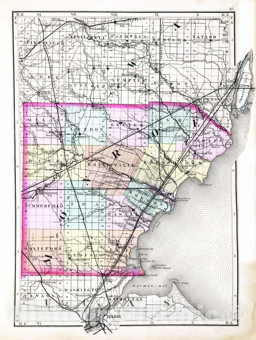 Historic Map : 1873 (Map of Monroe County, Michigan) - Vintage Wall Art