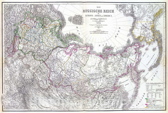 Historic Map : Russia, Alaska, , Asia; Europe 1855 Russische Reich. , Vintage Wall Art