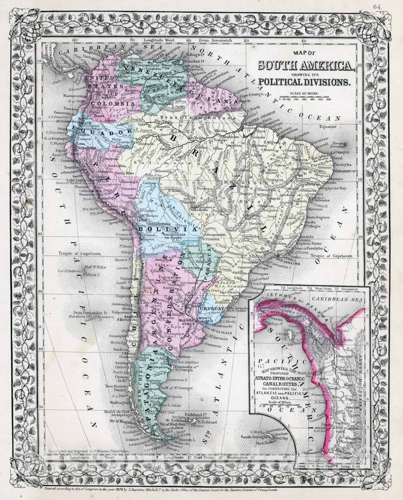 Historic Map : 1870 South America : Vintage Wall Art