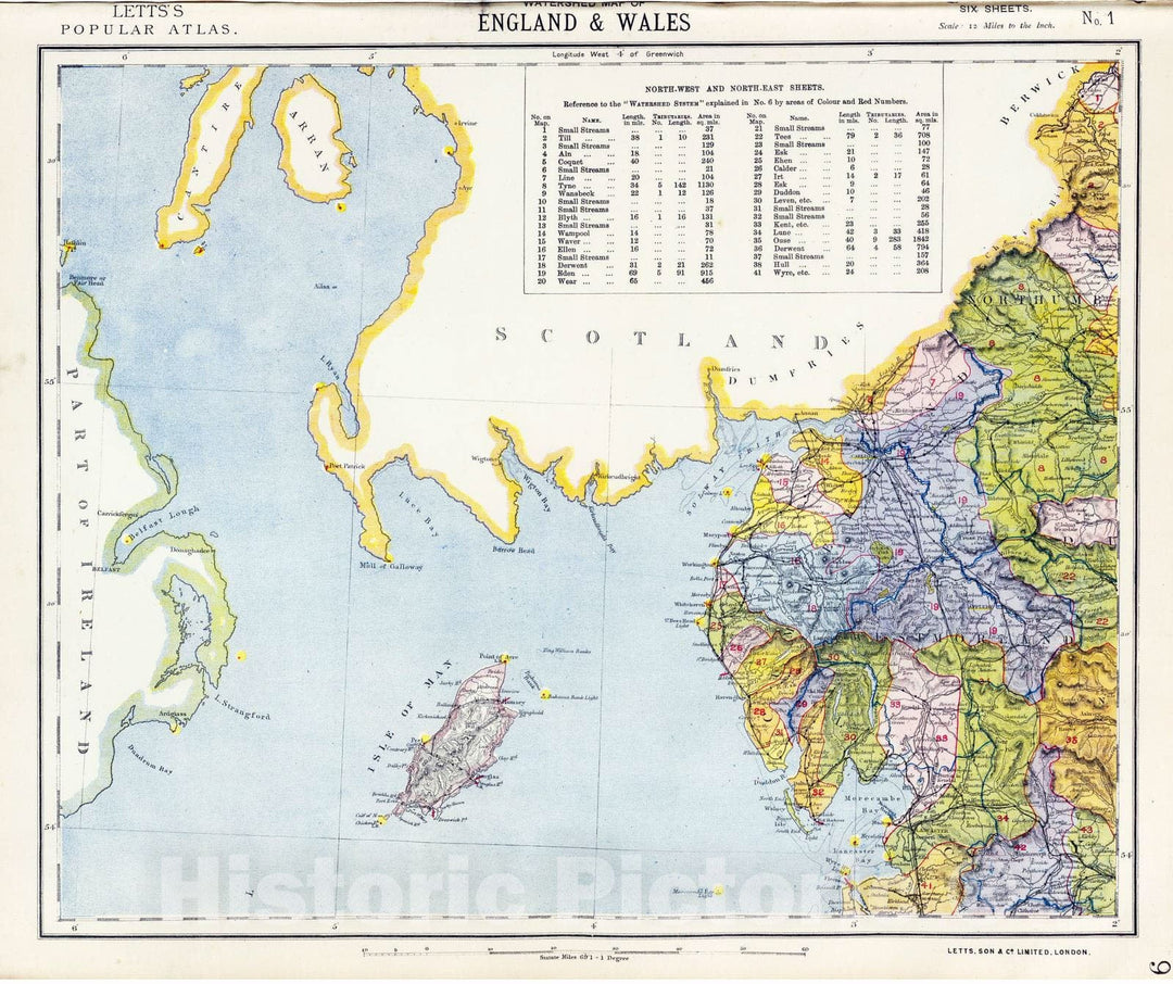 Historic Map : 1883 Watershed map England, Wales 1. - Vintage Wall Art