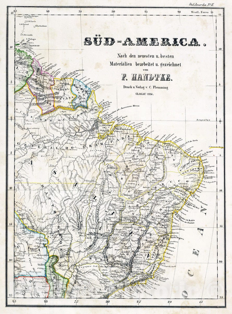 Historic Map : Brazil; Guyana, , South America 1855 Sud-America II. , Vintage Wall Art