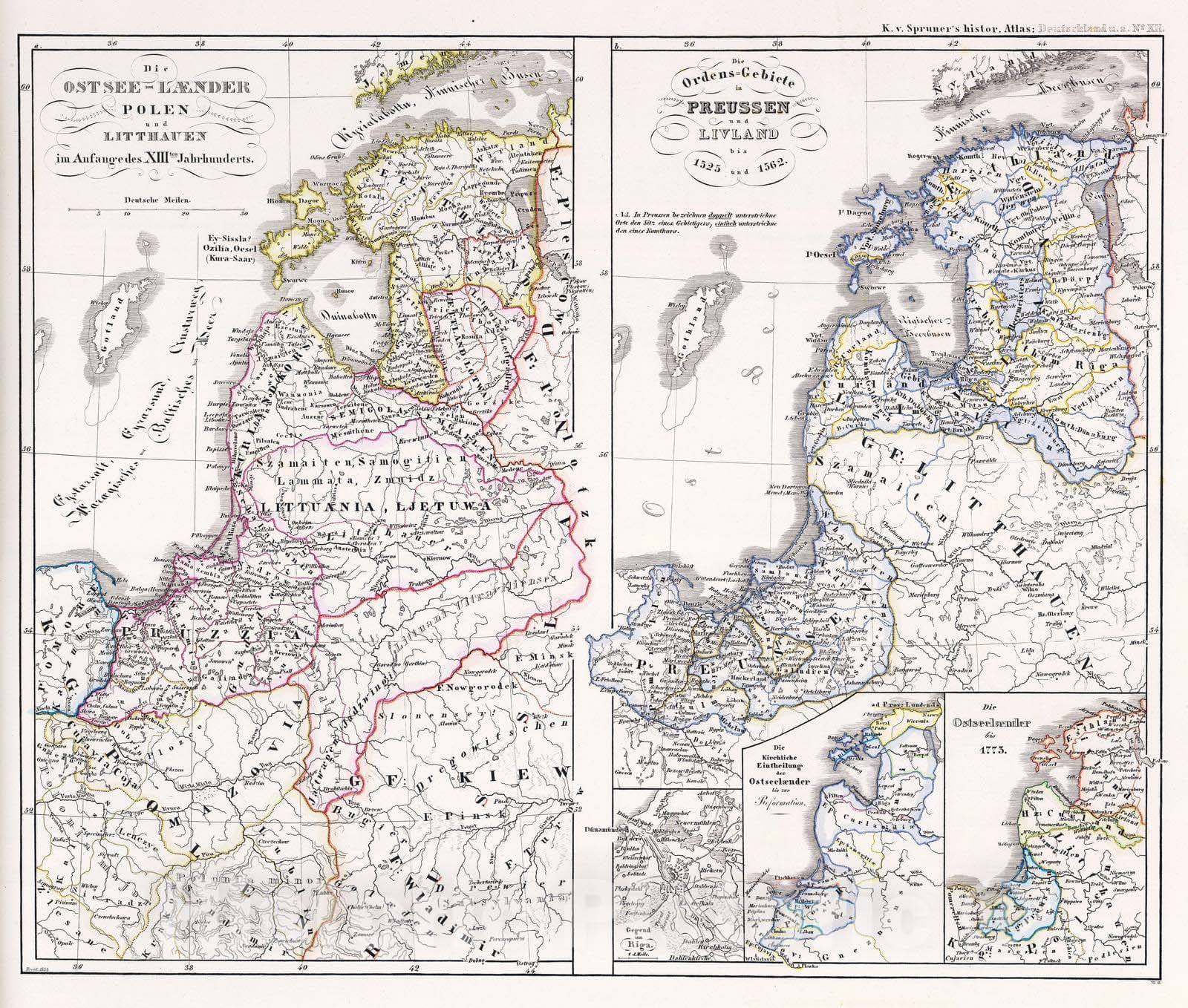 Historic Wall Map : Lithuania; Poland, Baltic States 1854 Die Ostsee-Laender, Polen und Litthauen im Aufange des XIIIten. Jahrhunderts. , Vintage Wall Art