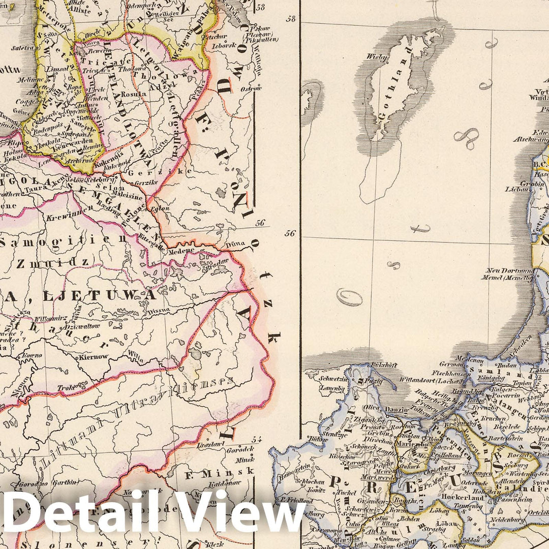 Historic Wall Map : Lithuania; Poland, Baltic States 1854 Die Ostsee-Laender, Polen und Litthauen im Aufange des XIIIten. Jahrhunderts. , Vintage Wall Art