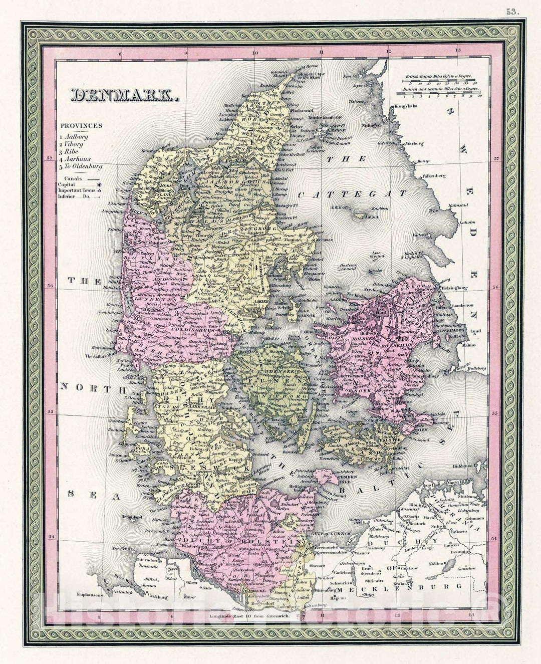 Historic Map : 1849 Denmark - Vintage Wall Art