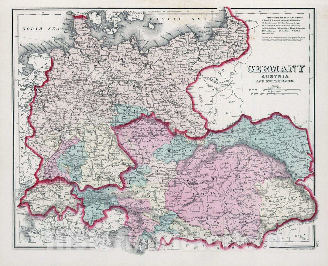 Historic Map : 1878 Germany, Austria, and Switzerland. - Vintage Wall Art