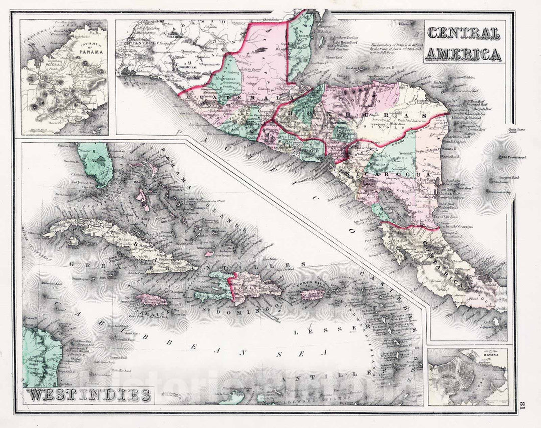 Historic Map : 1874 Central America. West Indies. - Vintage Wall Art