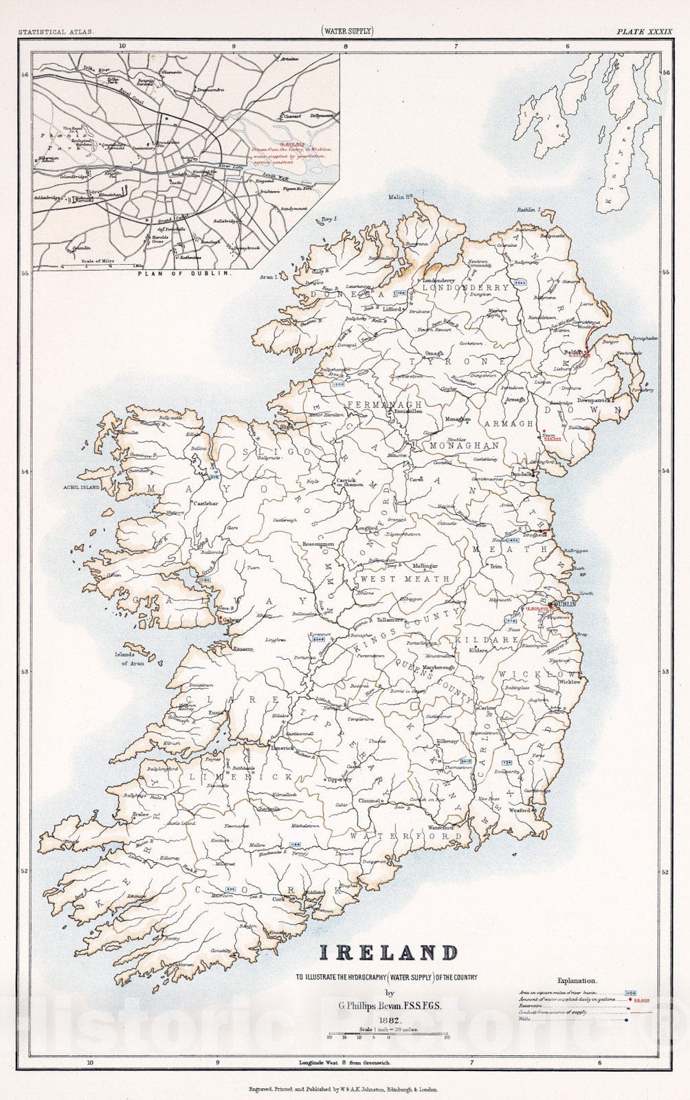 Historic Map : Statistical Atlas - 1881 Ireland to Illustrate the Hydrography (Water Supply) of the Country. - Vintage Wall Art