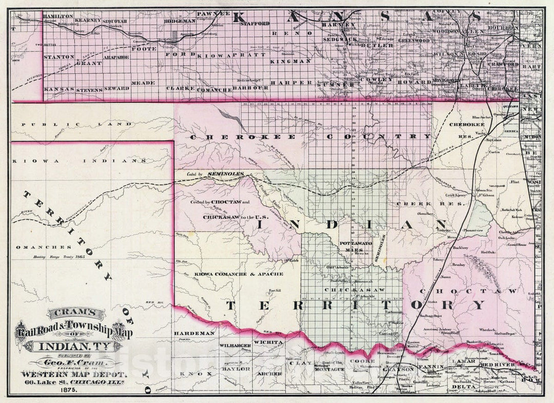 Historic Map : Indian Territory, 1875 Indian. Ty. , Vintage Wall Art