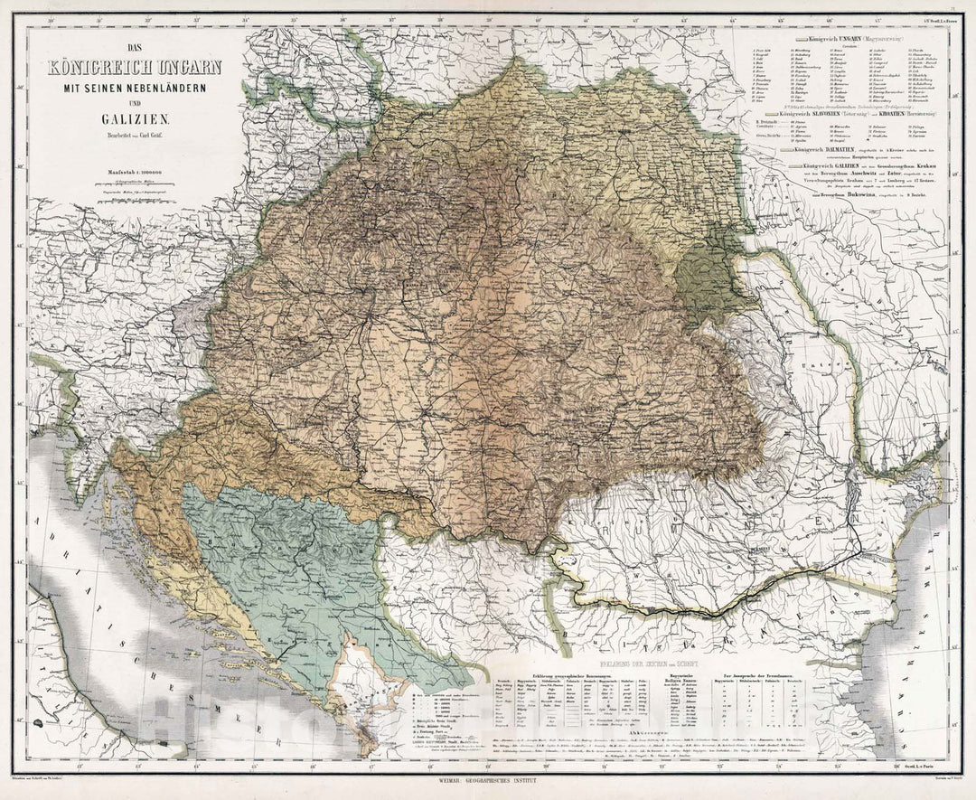 Historic Map : 1886 Kingdom of Hungary, adjacent Countries and Galicia. - Vintage Wall Art