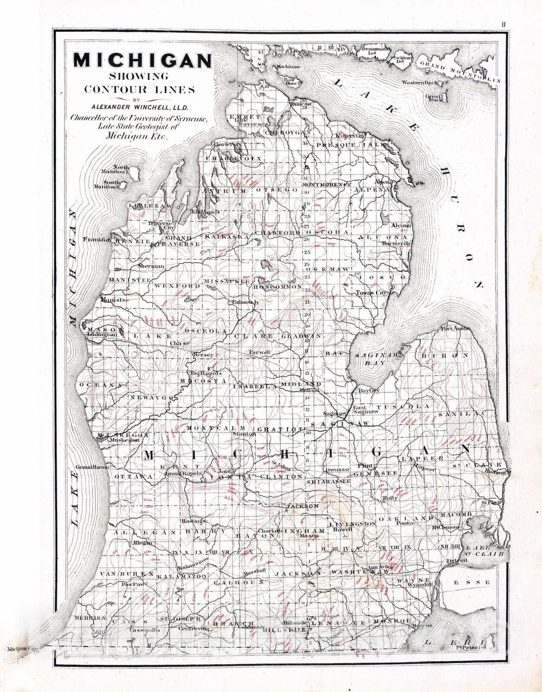 Historic Map : 1873 Michigan showing contour lines. - Vintage Wall Art