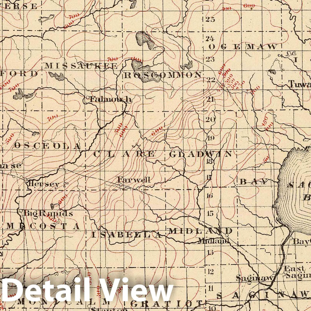 Historic Map : 1873 Michigan showing contour lines. - Vintage Wall Art