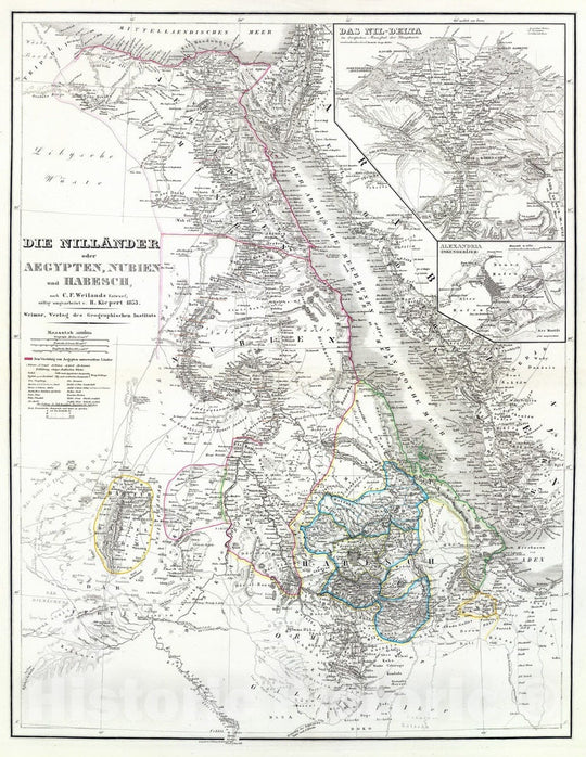 Historic Wall Map : Egypt; Sudan, Alexandria Region (Egypt) 1853 Nillander. , Vintage Wall Art