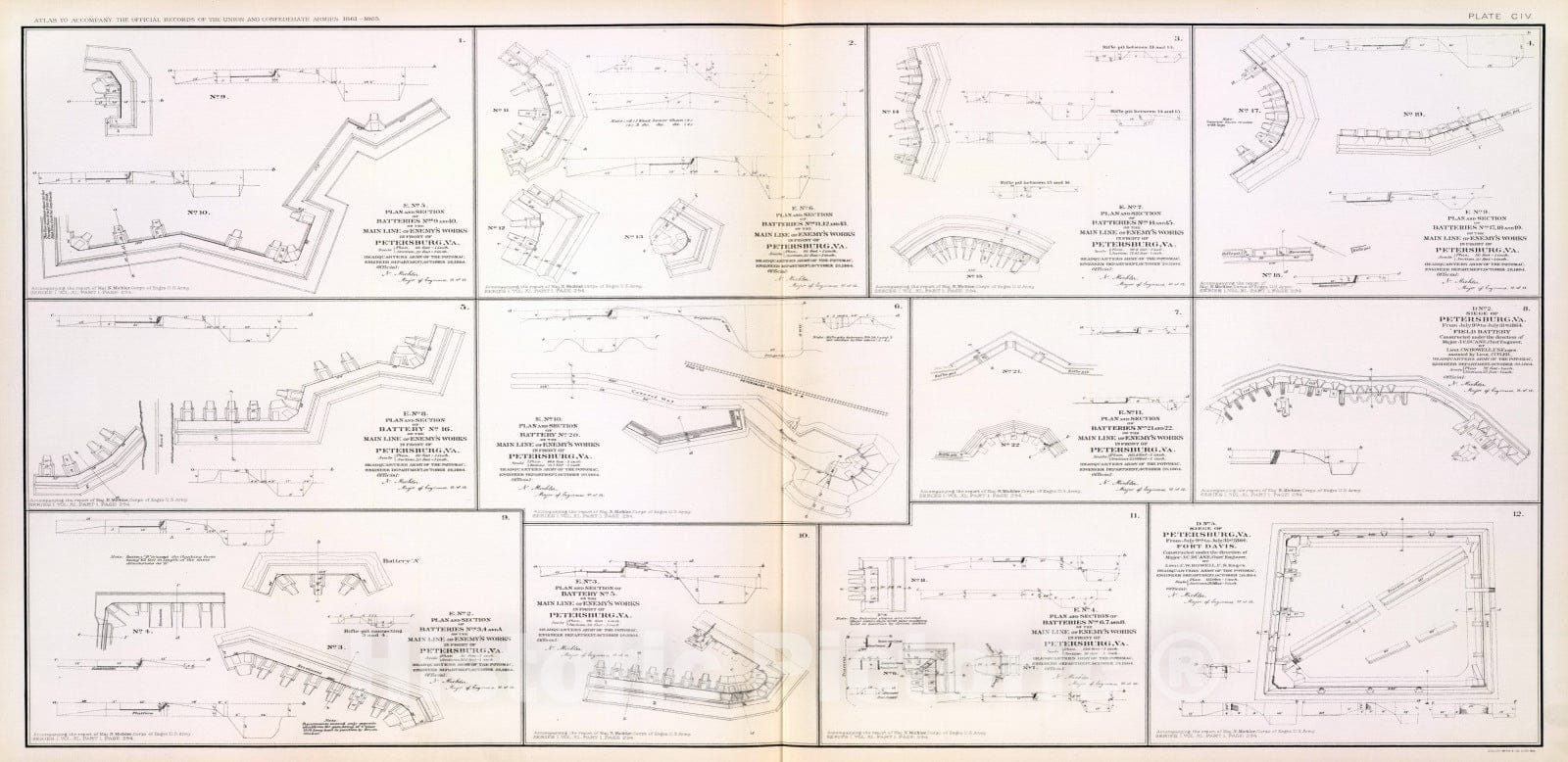 Historic Map : Petersburg (Va.), Virginia, Region (Va.) 1895 Petersburg, Va. batteries, siege. , Vintage Wall Art