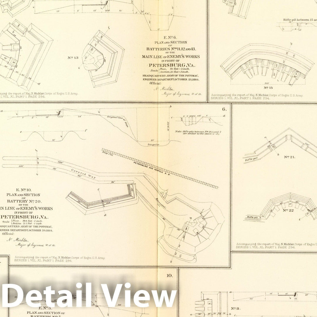 Historic Map : Petersburg (Va.), Virginia, Region (Va.) 1895 Petersburg, Va. batteries, siege. , Vintage Wall Art