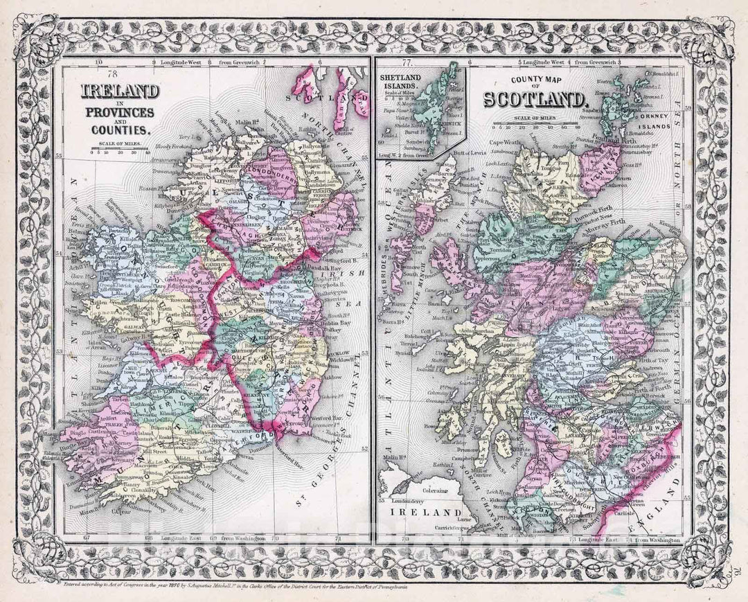 Historic Map : 1870 Ireland, Scotland. - Vintage Wall Art