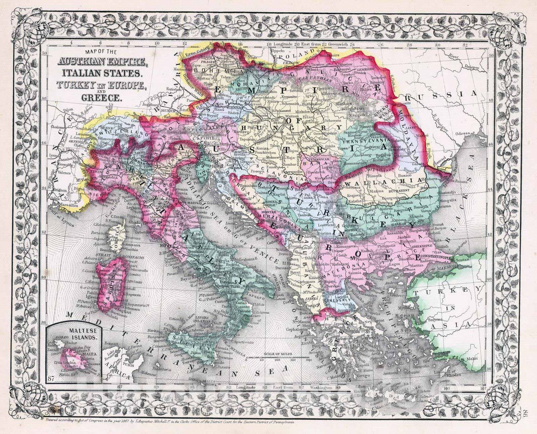 Historic Map : 1870 Austrian Empire, Italy, Turkey in Europe, Greece. - Vintage Wall Art