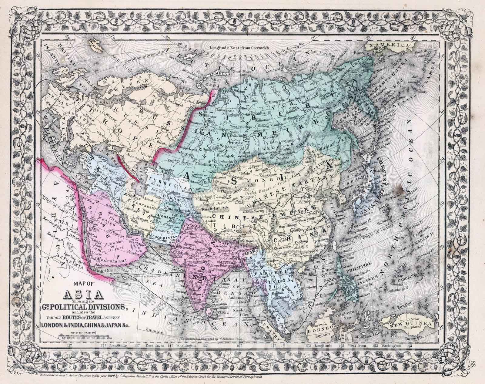 Historic Wall Map : 1870 Asia. - Vintage Wall Art