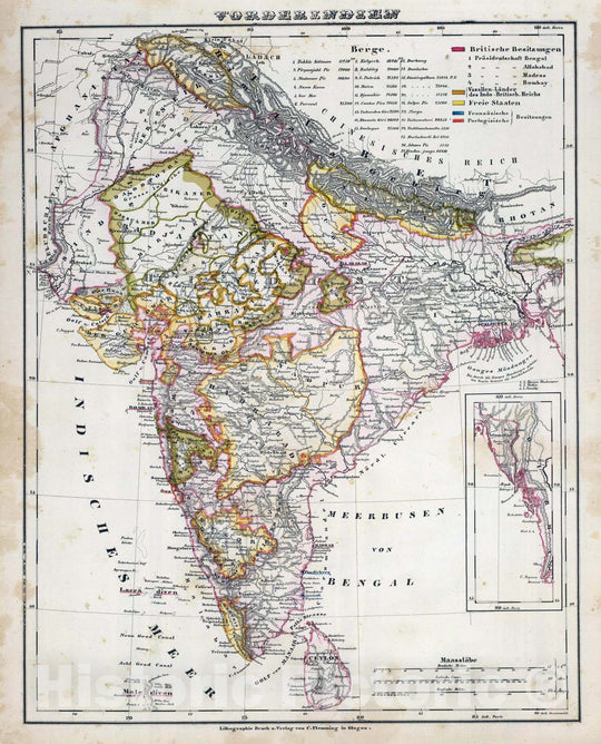 Historic Map : Bangladesh; India, South Asia 1855 Vorderindien. , Vintage Wall Art