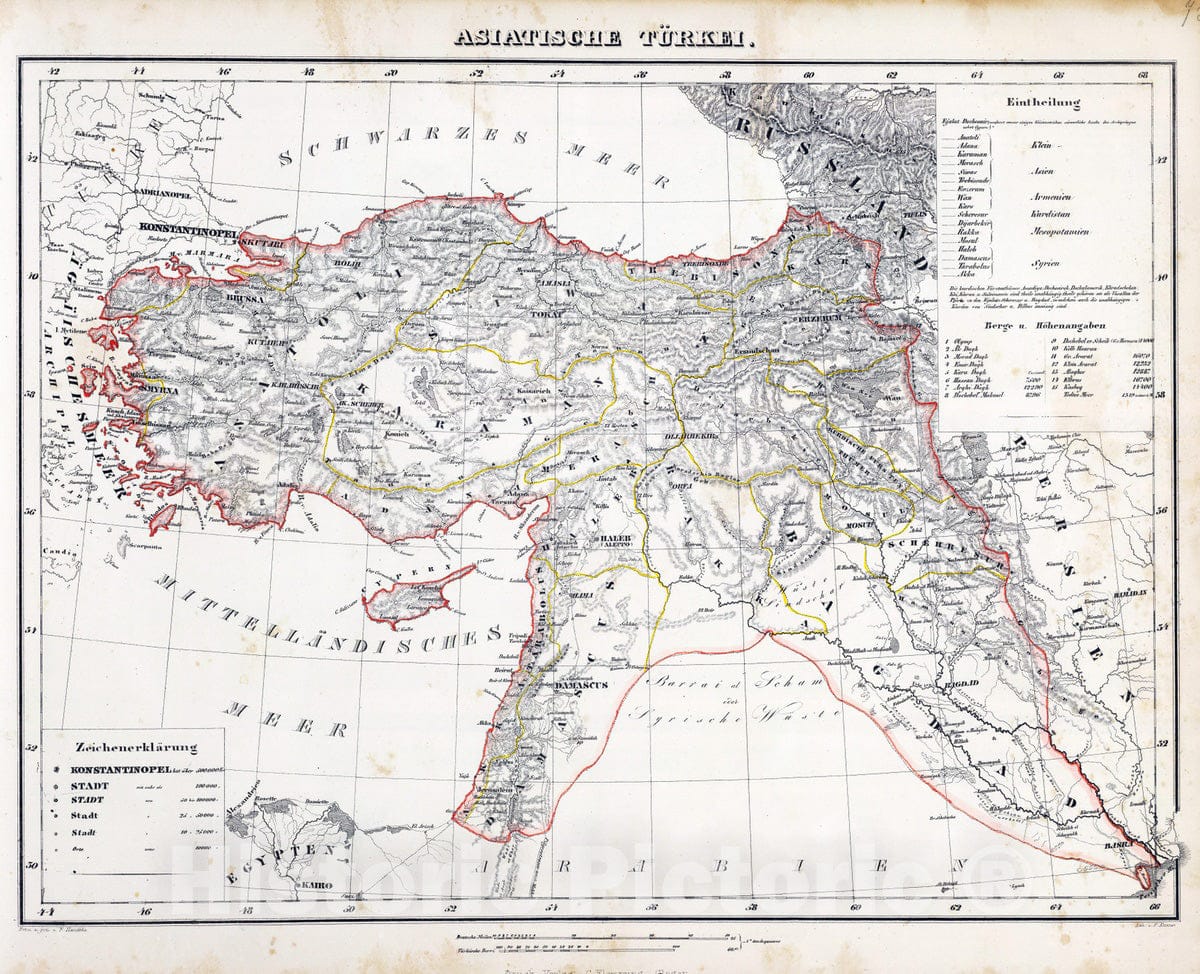 Historic Map : Syria; Turkey, Middle East 1855 Asiatische Turkei. , Vintage Wall Art