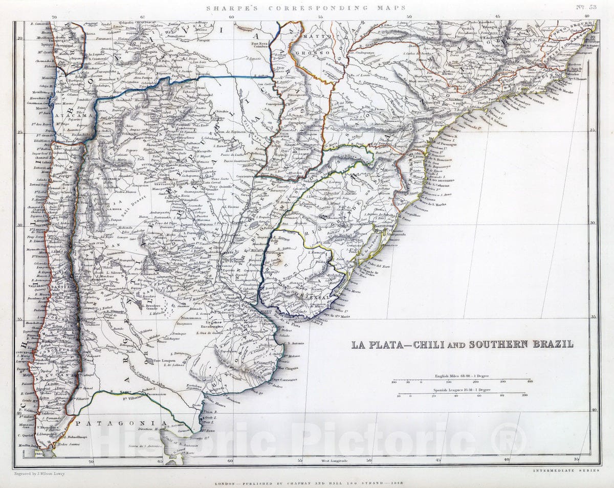 Historic Map : 1848 La Plata - Chili (sic) and Southern Brazil. - Vintage Wall Art