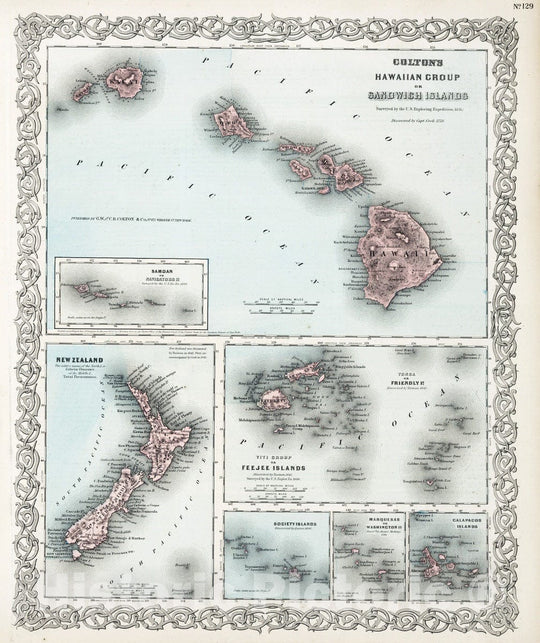 Historic Map - World Atlas - 1869 Hawaii, New Zealand, Fiji,Tonga, Samoa, French Polynesia, Marquesas, and Galapagos Islands - Vintage Wall Art