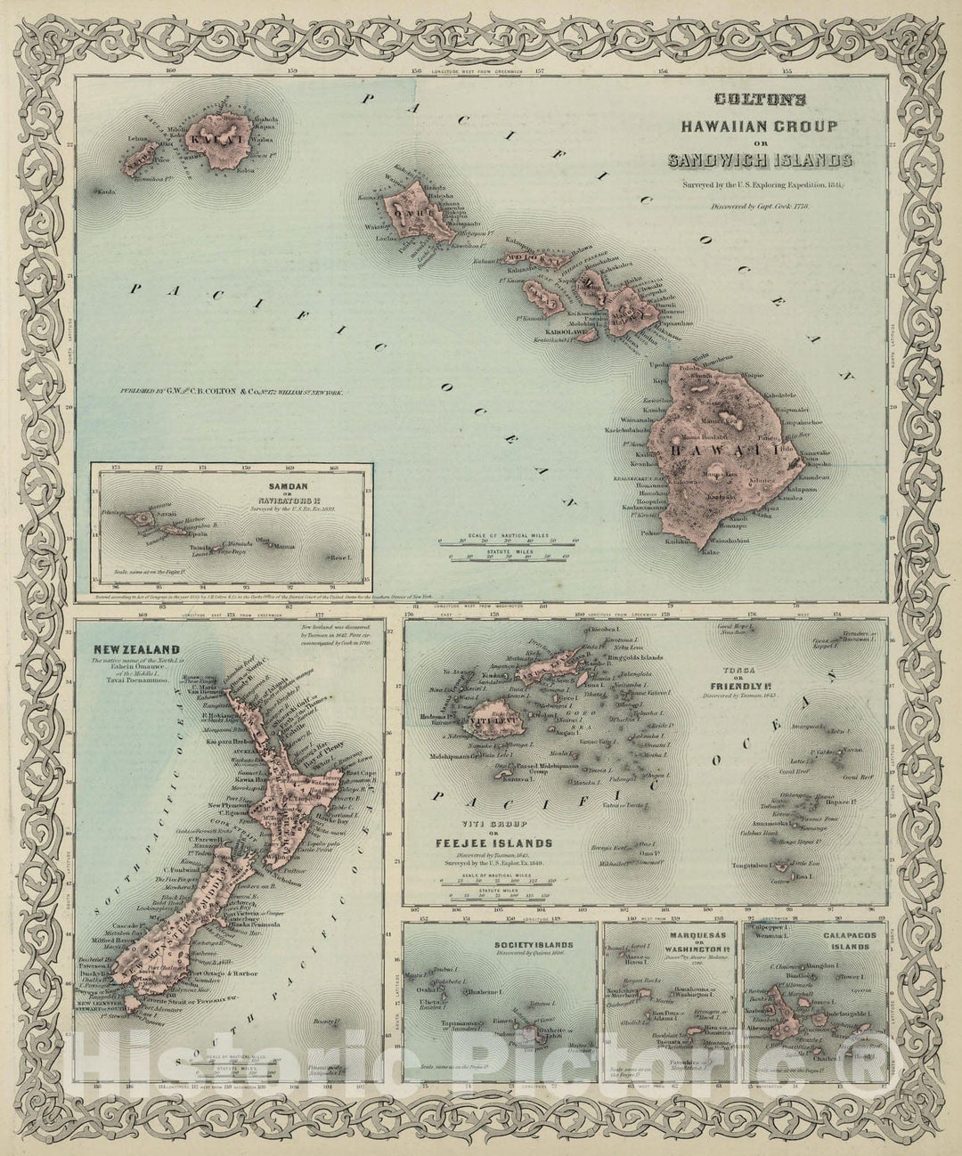 Historic Map - World Atlas - 1869 Hawaii, New Zealand, Fiji,Tonga, Samoa, French Polynesia, Marquesas, and Galapagos Islands - Vintage Wall Art