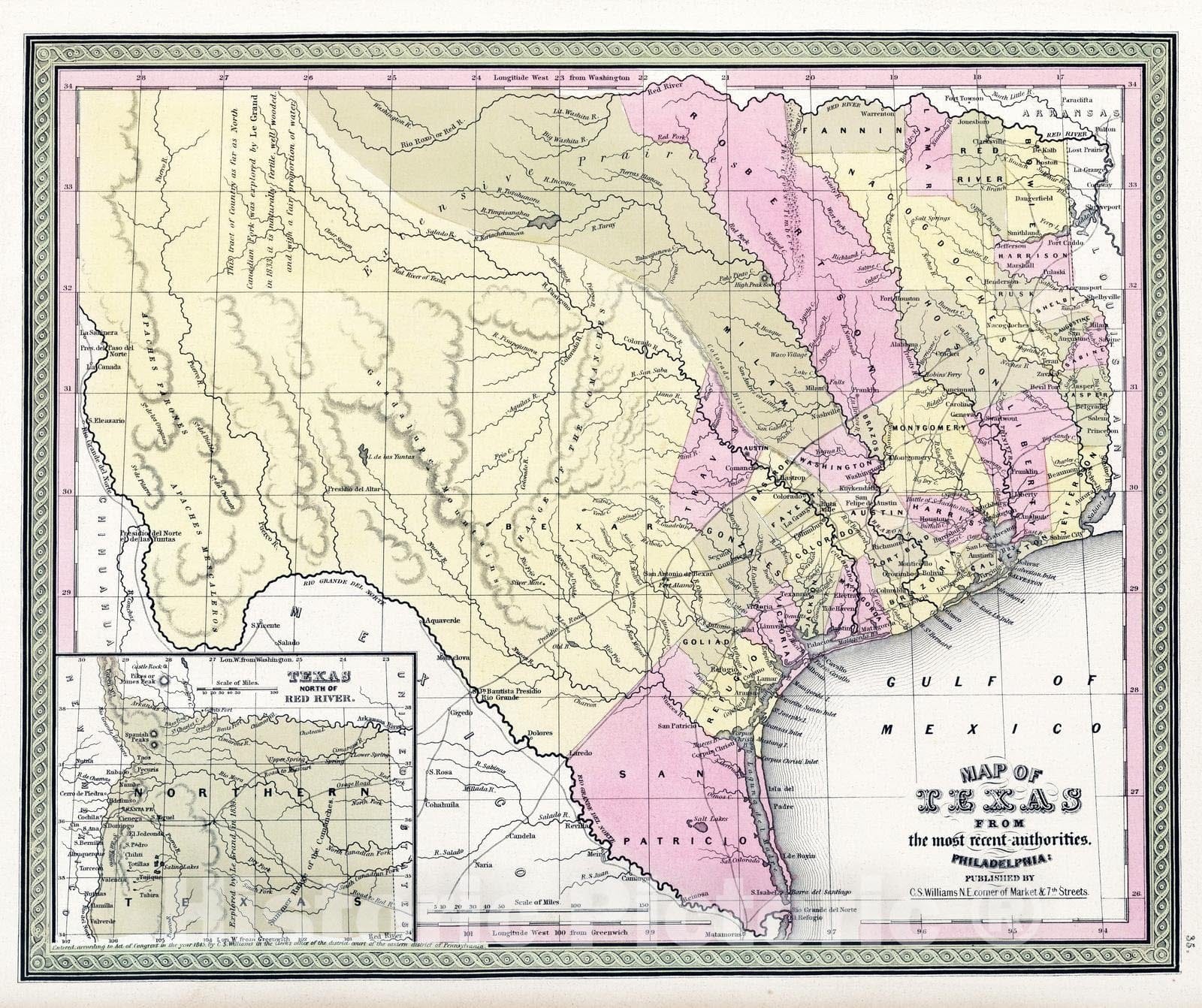 Historic Wall Map : Texas, 1849 Map of Texas , Vintage Wall Art