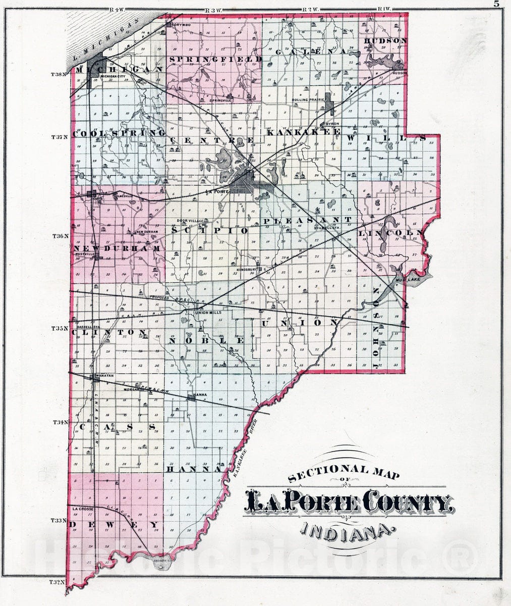 Historic Map : 1874 Sectional Map of LaPorte County, Indiana. - Vintage Wall Art