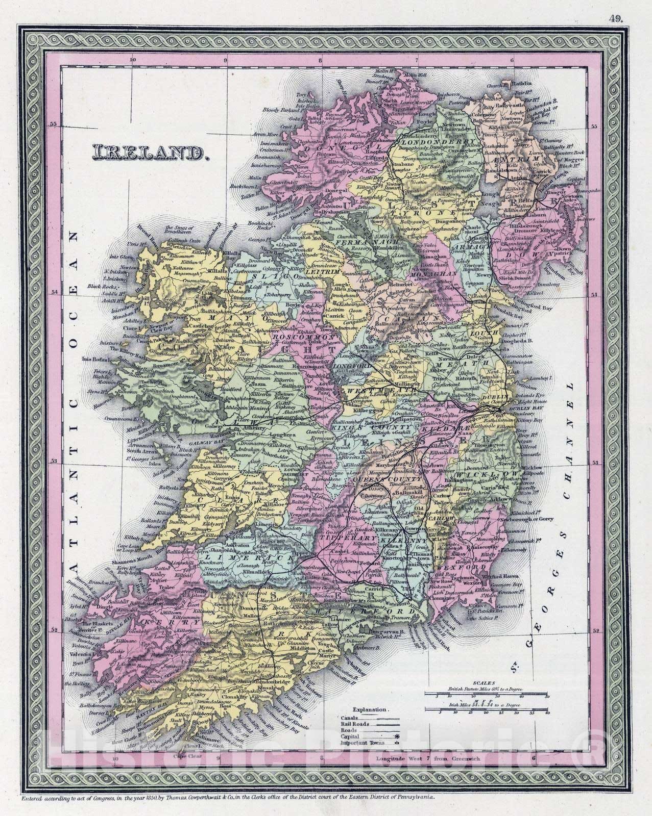 Historic Map : 1855 Ireland - Vintage Wall Art