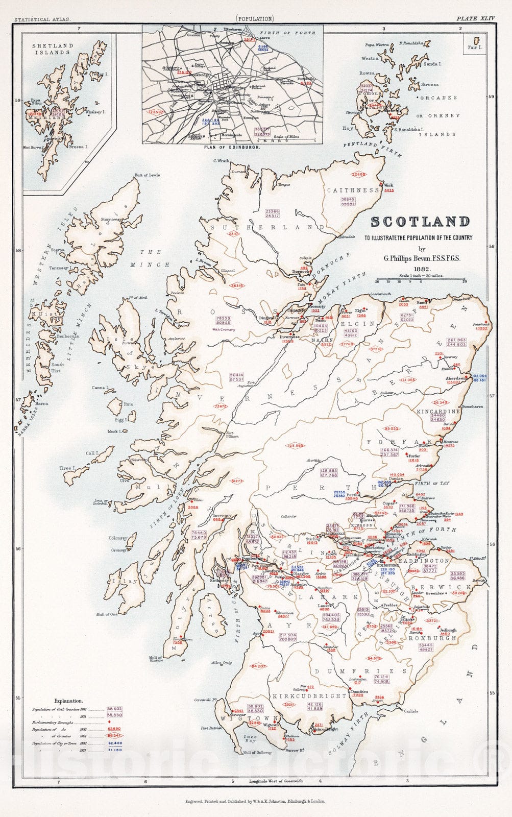 Historic Map : Statistical Atlas - 1881 Scotland to Illustrate the Population of the Country. - Vintage Wall Art