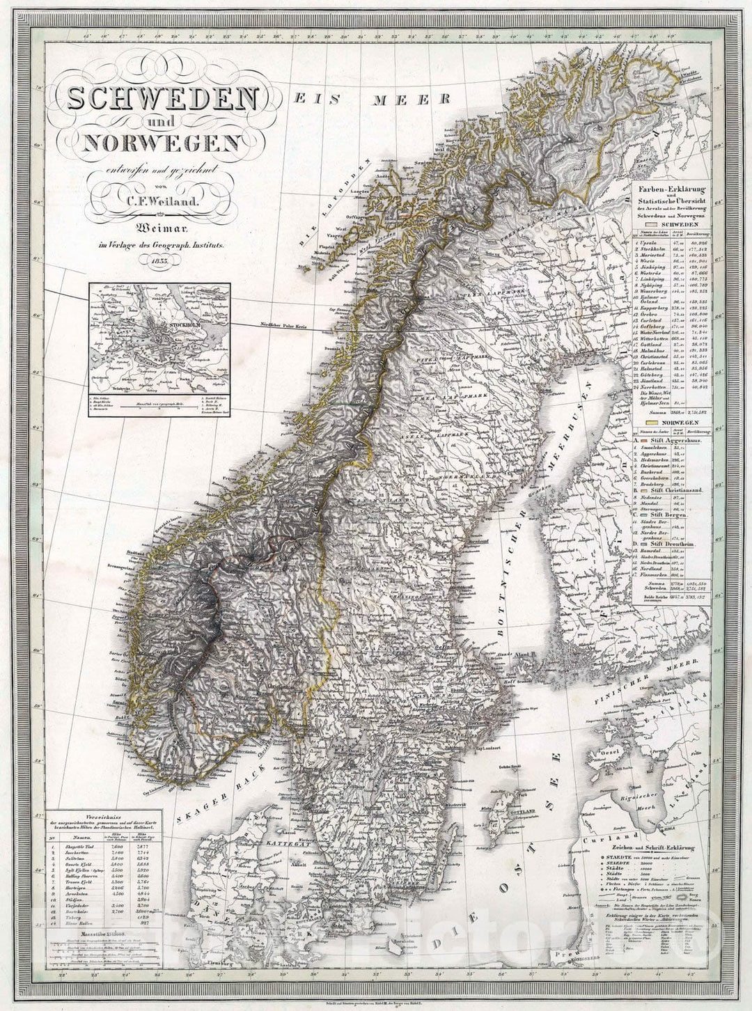 Historic Map : Sweden, 1833 Scheweden und Norwegen. Sweden and Norway. , Vintage Wall Art