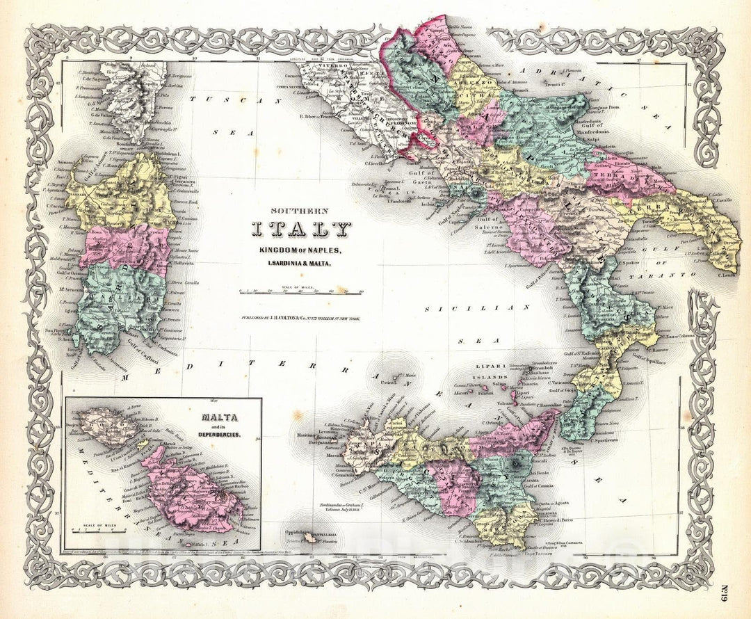 Historic Map : 1856 Southern Italy: Kingdom Of Naples, I. Sardinia & Malta. - Vintage Wall Art