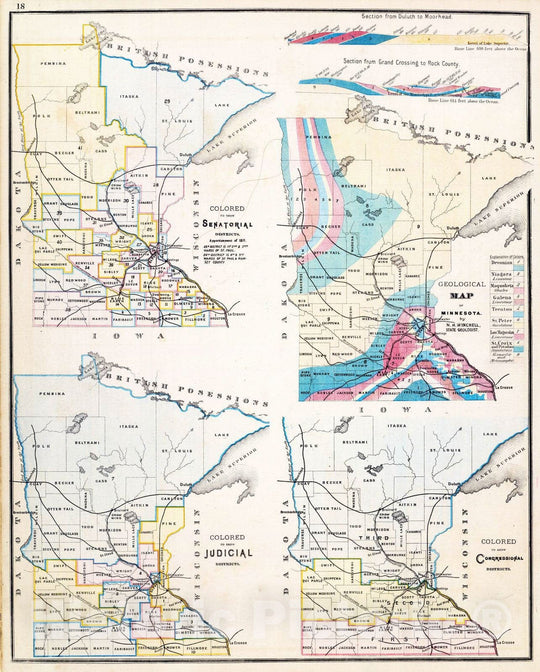 Historic Map : 1874 Geological map of Minnesota by N.H. Winchell, State Geologist. - Vintage Wall Art