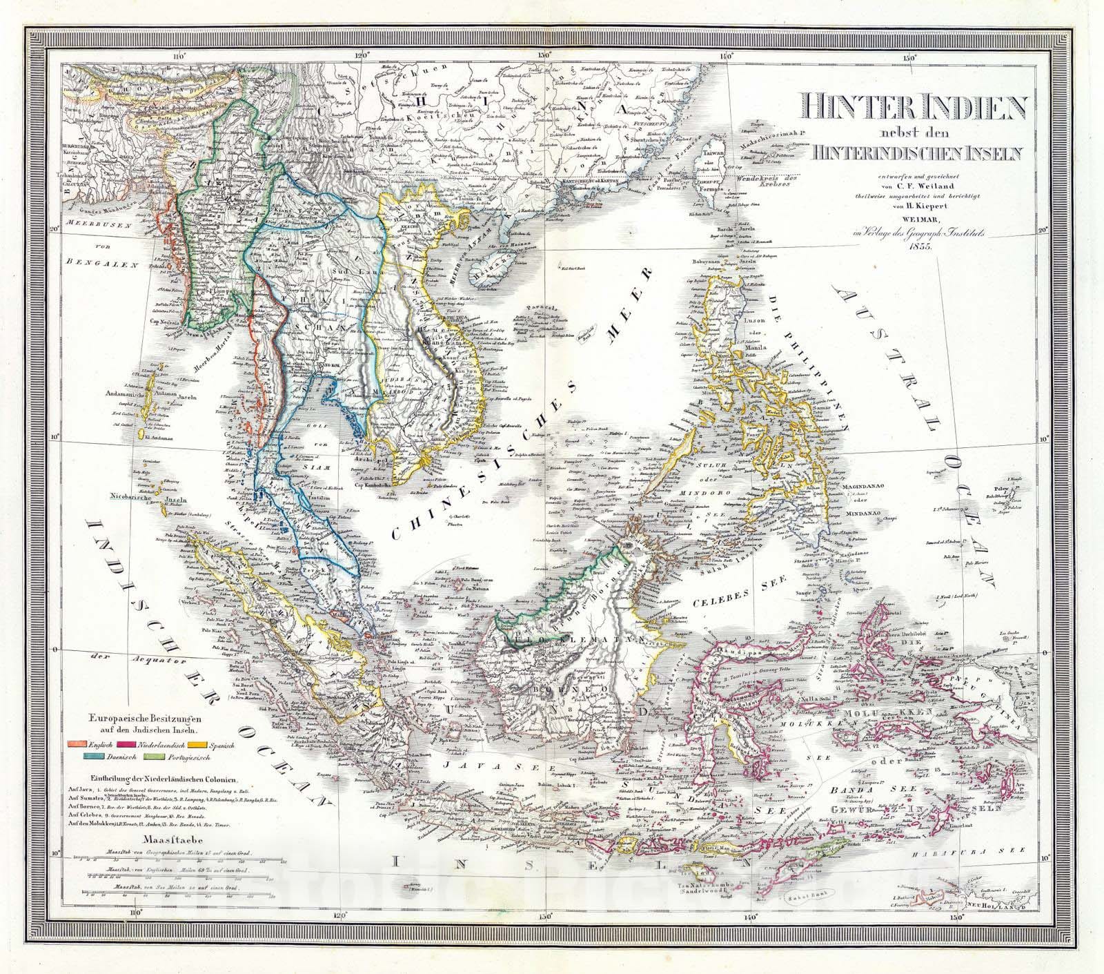 Historic Map : Indonesia; Thailand, , East Indies 1855 Hinter Indien. , Vintage Wall Art