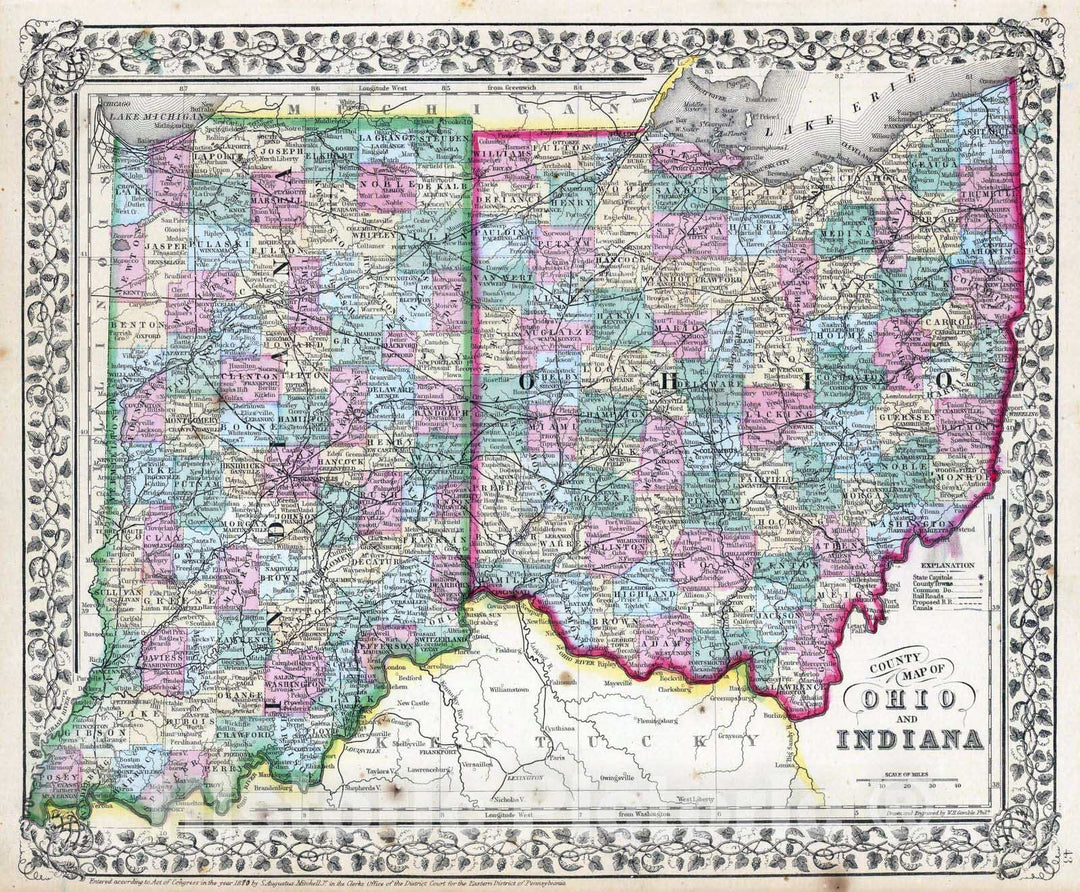 Historic Map : 1870 Ohio, Indiana. - Vintage Wall Art