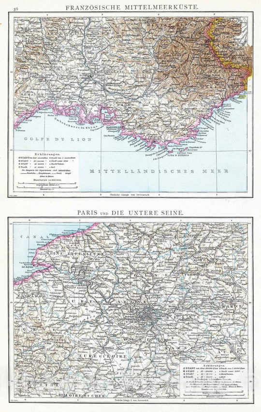 Historic Map : France, 1881 Franzosische Mittelmeerkuste, Paris, untere Seine. , Vintage Wall Art