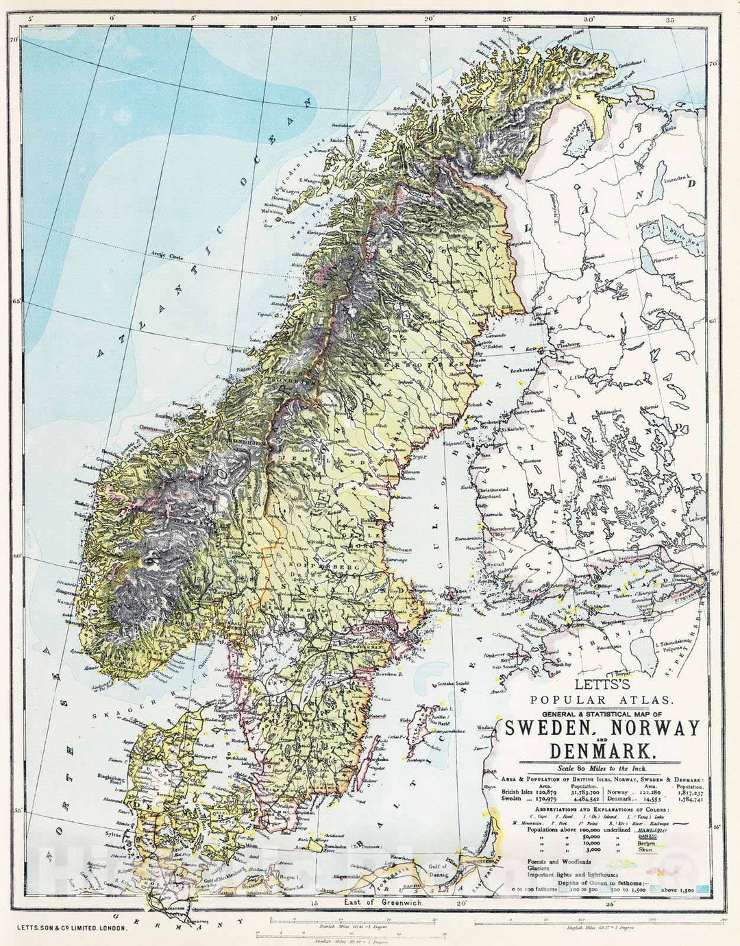 Historic Map : 1883 Sweden, Norway, Denmark. - Vintage Wall Art