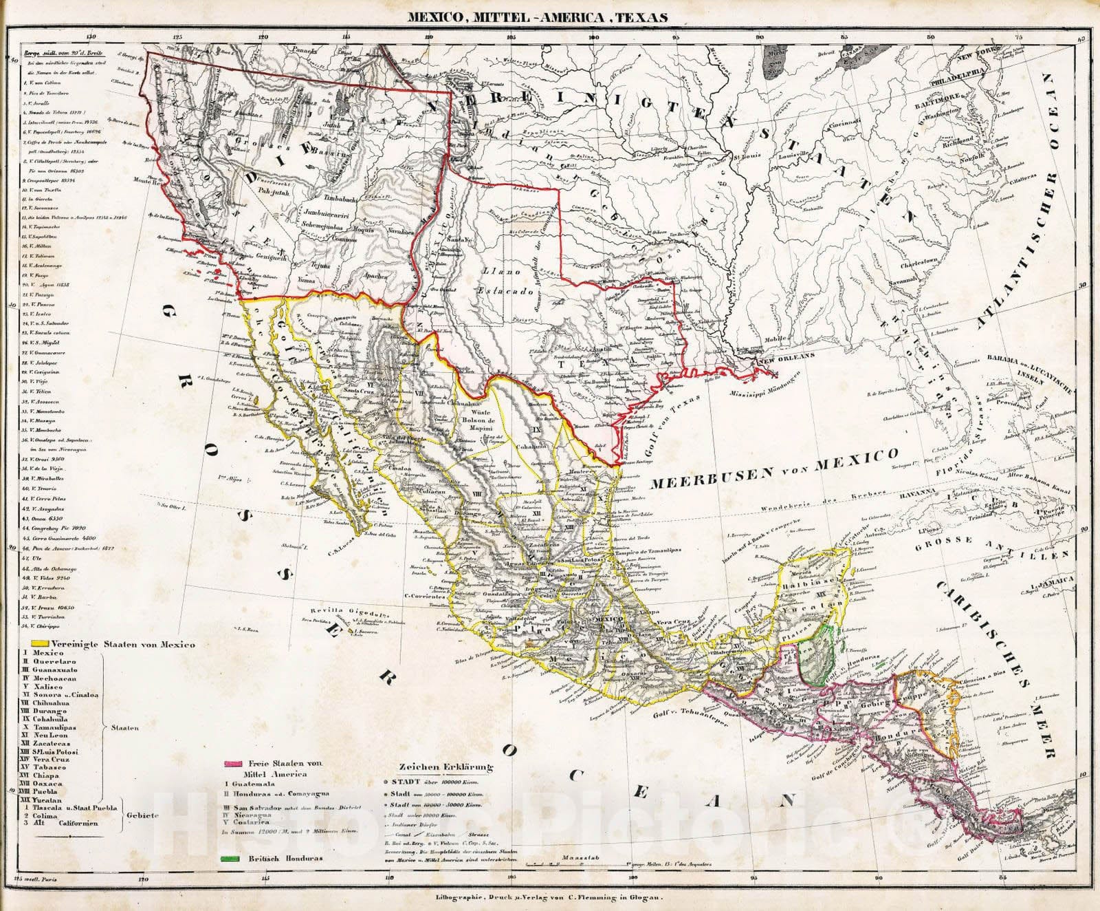 Historic Map : Mexico; United States, Texas, , Central America 1855 Mexico, Mittel-America, Texas. , Vintage Wall Art